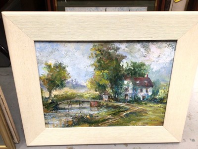 Lot 540 - Group of pictures and prints including Dennis Male oil on board- Country House, signed print of Colchester etc