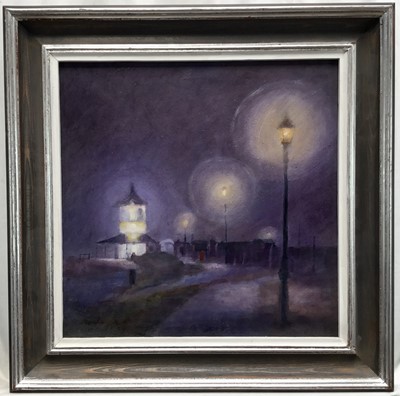 Lot 15 - Robert Mowle, oil on panel - Umbrella at night, signed, 36cm x 36cm, framed