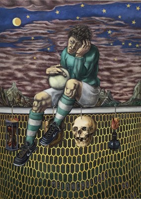 Lot 235 - Allan Salisbury 'SOLS' (b.1949) oil on panel - 'The Art of Goalkeeping, Melancholicus', signed with initials, dated '06, Royal Cambrian Academy label verso, 33cm x 23cm