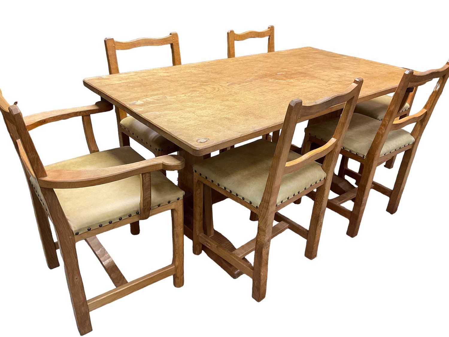 Lot 1529 - Suite of Derek 'Fishman' Slater blond oak dining furniture, comprising high dresser, adzed refectory table and set of six chairs (including two carvers) and hostess trolley (converting to two cof...