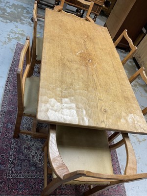 Lot 1529 - Suite of Derek 'Fishman' Slater blond oak dining furniture, comprising high dresser, adzed refectory table and set of six chairs (including two carvers) and hostess trolley (converting to two cof...