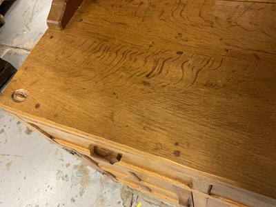 Lot 1529 - Suite of Derek 'Fishman' Slater blond oak dining furniture, comprising high dresser, adzed refectory table and set of six chairs (including two carvers) and hostess trolley (converting to two cof...