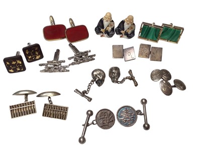Lot 86 - Pair of white metal skull and crossed bones cufflinks, two pairs of Chinese silver cufflinks and various other pairs