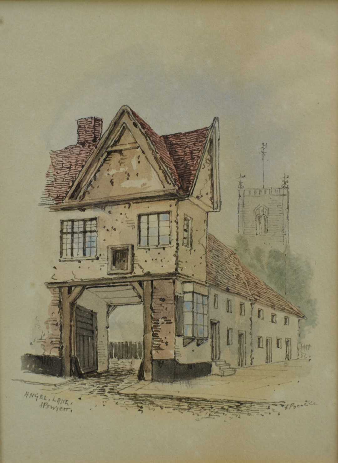 Lot 1244 - Edward Pococke (1843-1901) group of four ink and watercolour views of Ipswich to include Angel Lane, Old White Hart and other views, each signed, in matching glazed gilt frames