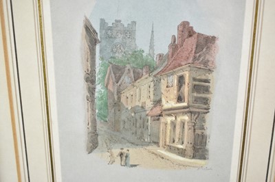 Lot 1244 - Edward Pococke (1843-1901) group of four ink and watercolour views of Ipswich to include Angel Lane, Old White Hart and other views, each signed, in matching glazed gilt frames