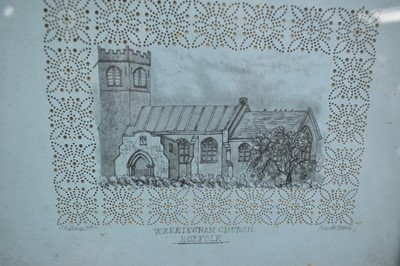 Lot 1243 - S. E. Stacy, mid 19th century, pair of pencil drawings - Hethel Church and Wreningham Church, Norfolk, signed, dated May and July 1842 and titled in pencil, 15.5cm x 20cm, in original gilt frames