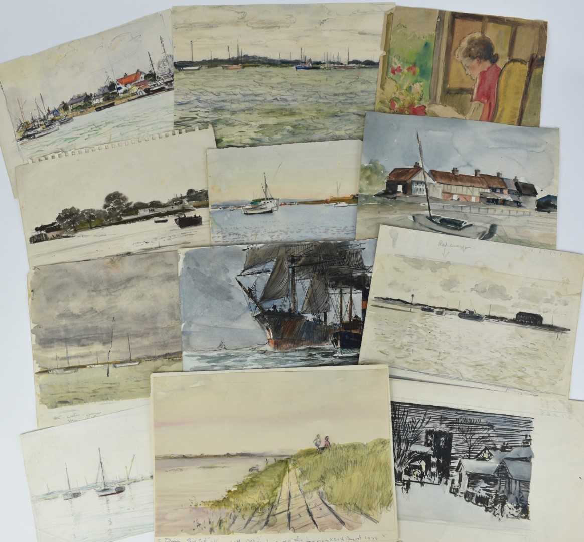 Lot 1289 - Fid Harnack (1897-1983) collection of twelve sketchbook works in watercolour and pencil, mostly coastal views, some signed, dated late ‘50’s and early 60’s