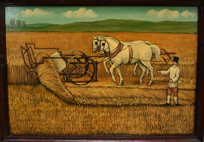 Lot 1241 - 20th century English Naïve School oil on canvas board - Harvesting, 83cm x 121cm, framed