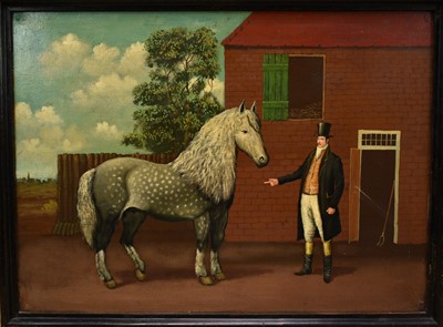 Lot 1240 - 20th Century English Naïve School oil on canvas board - The Grey Horse, 82cm x 112cm, framed