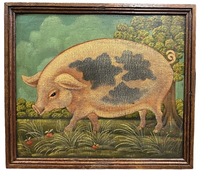 Lot 209 - Charming Naive School oil on canvas board - The Pig, 47cm x 55cm, framed