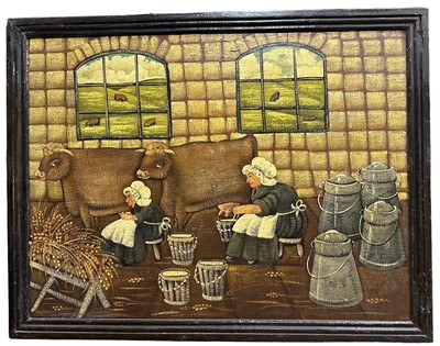 Lot 180 - Charming Naive School oil on canvas board - The Milkmaids, 47cm x 55cm, framed