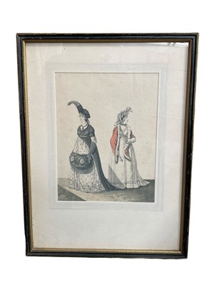 Lot 293 - Set of four early 19th century aquatint fashion prints, with hand colouring and raised detail, 22 x 18cm, glazed frames