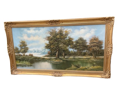 Lot 549 - Tony Drew, large oil on canvas landscape in gilt frame, 121cm x 59.5cm