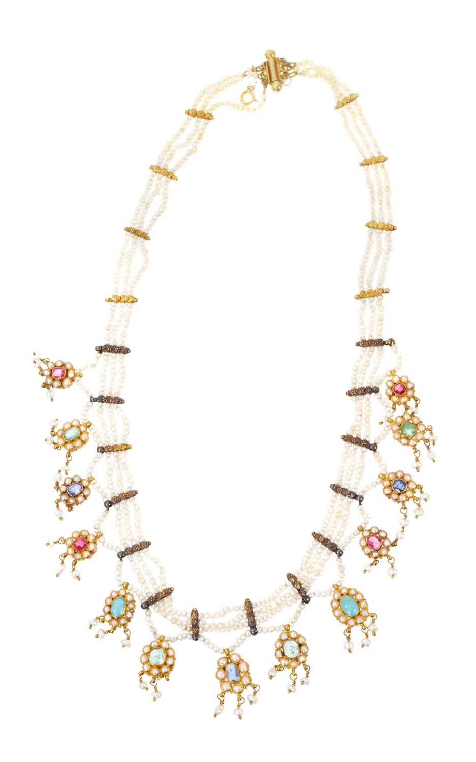 Lot 568 - A fine antique Indian gold seed pearl and gem-set necklace with thirteen flower head clusters, each with a coloured gemstone to include rubies, sapphires, emeralds and turquoise, suspended from see...