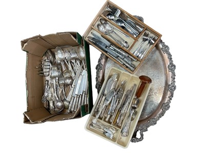 Lot 141 - 19th century plated Kings pattern cutlery and a twin handled oval tray