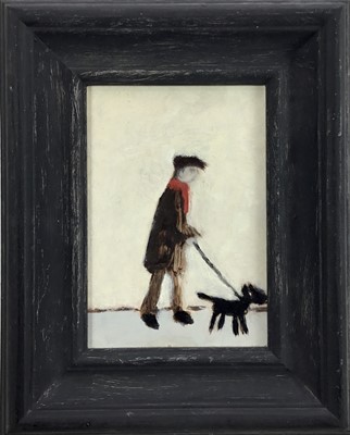 Lot 174 - After LS Lowry by Peter McCarthy, oil on board - Walking the dog, 16cm x 11cm, framed