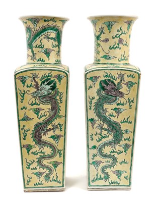 Lot 202 - Pair of Chinese squared baluster vases on wooden stands