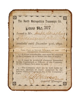 Lot 800 - Of Jack the Ripper interest: An 1892 tram ticket for Inspector Spratling, investigator on the Ripper murders