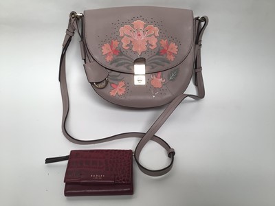 Lot 2061 - Radley Floral taupe leather crossover handbag with a Radley burgundy mock croc leather purse.