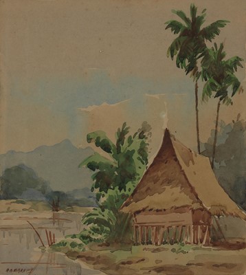 Lot 202 - Abu Bakar Ibrahim (Malaysian, 1925-1977) - watercolour, set of seven Malaysian village scenes, five signed 'A.B.IBRAHIM', 27 x 30cm and smaller, glazed frames