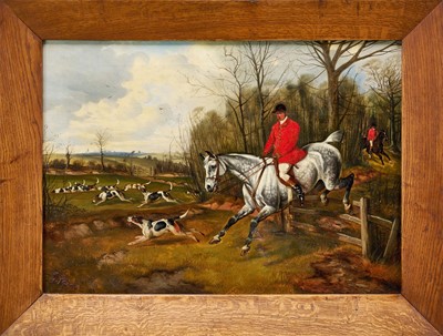 Lot 1043 - Attributed to George Paice (1854-1925) oil on canvas - Hunting Landscape, signed, 51 x 72cm, in period oak frame