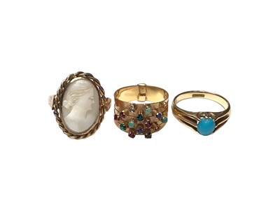 Lot 197 - 18ct gold turquoise cabochon ring, 9ct gold cameo ring and a yellow metal multi-gem five row ring (3)