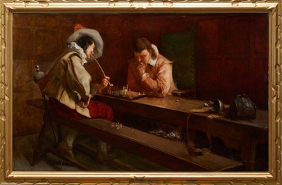 Lot 1043 - Frederick William Davis (1862-1919), oil on canvas - The Chess Game, signed and dated 1894, 63.5cm x 102cm, in gilt frame