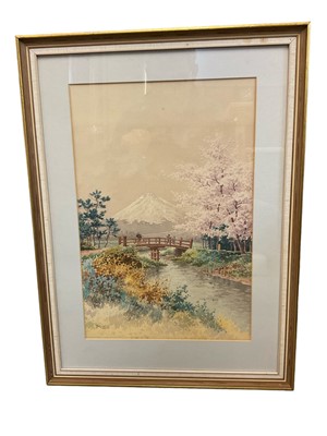 Lot 157 - Ginnosuke Yokouchi (1870-1942) watercolour - Scene towards Mount Fuji