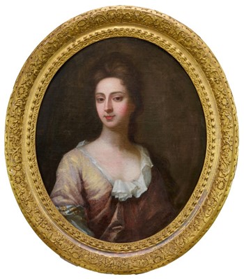 Lot 918 - English School, 18th century, oil on canvas - Portrait of a Lady, oval 77cm x 64cm, in gilt frame