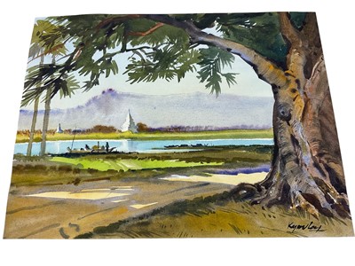 Lot 91 - Kyaw Lay (Burmese 1938-1998) watercolour - River landscape, signed 28 x 38cm