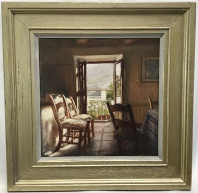 Lot 61 - Anne Wright RBA, oil on canvas - Interior scene, monogrammed, 29.5cm x 29.5cm, framed