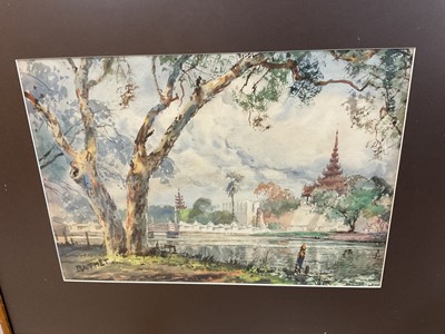 Lot 165 - Bathet - Thai watercolour depicting temples, 34 x 23cm, together with other Far Eastern works by Amrita and others and set of four Chinese reproduction prints