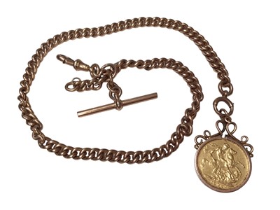 Lot 70 - 9ct gold watch chain with an Edwardian gold sovereign fob, 1906, in 9ct gold pendant mount