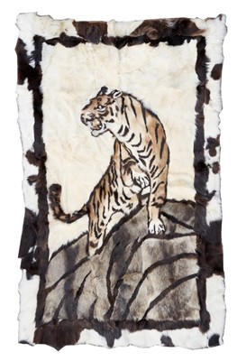 Lot 883 - Impressive hand stitched fur rug depicting a tiger on a rock, 282cm x 122cm