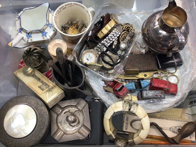 Lot 1124 - Group of wristwatches, silver ashtray, plated items, vintage Brownie Junior camera, ceramics and sundries (1 box)