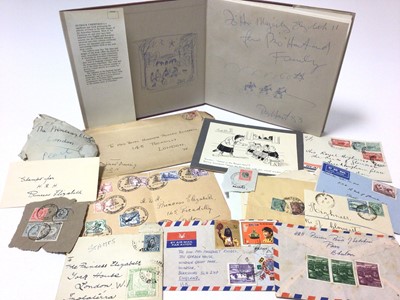 Lot 148 - H.R.H.Princess Elizabeth, collection of envelopes addressed to the Princess including gifts of stamps mostly 1930s, an original pen and ink cartoon of cats..