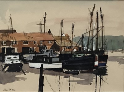 Lot 61 - John Tookey (b. 1947) watercolour, Boatyard, Woodbridge