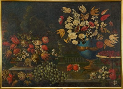 Lot 908 - Manner of Giovanni Battista Ruoppolo (1629-1693) oil on canvas - Still Life Fruit and Flowers, 80cm x 110cm, in gilt frame