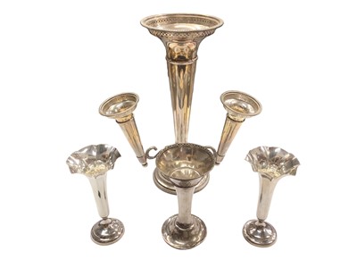 Lot 1135 - Early 20th century silver eperne with four trumpet shaped bowls and a pair of trumpet form silver spill vases