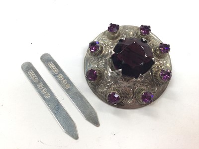 Lot 1050 - Scottish silver and purple stone brooch, together with a pair of silver collar stiffeners