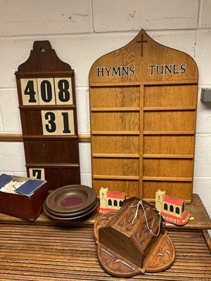 Lot 383 - Carved oak offertory box, and three oak dishes, also two hymm boards and cards, two vintage church form Missionary Society boxes