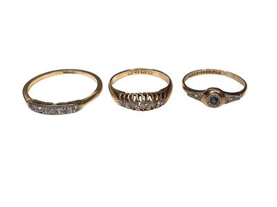 Lot 24 - 1920s 18ct gold sapphire and diamond ring and two antique 18ct gold diamond five stone rings (3)