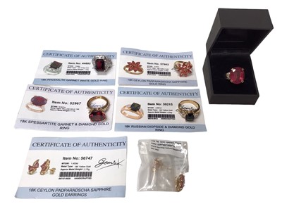Lot 31 - Five 18ct gold gem set rings and a pair of 18ct gold gem set earrings, mostly with Gems TV certificates