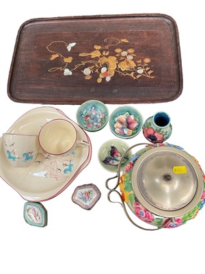 Lot 136 - Japanese shibyama tray, together with four small Moorcroft pieces, Limoges boxes, Beswick tea wares and Clarice Cliff biscuit barrel