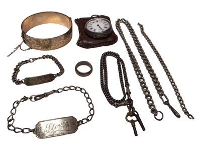 Lot 78 - Silver cased fob watch, two silver watch chains, two silver identity bracelets, a ring and a gold plated bangle