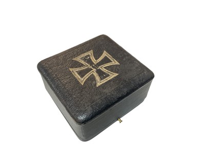 Lot 719 - Imperial German Iron Cross presentation box, with applied leather Iron Cross to lid and velvet and silk lined interior.