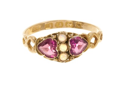 Lot 512 - Victorian 12ct gold heart-shaped amethyst and opal ring