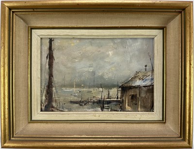 Lot 31 - Peter Gilman (1928-1984) oil on board - Harbour View, probably Walberswick, signed and dated '71, framed