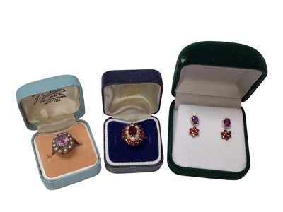 Lot 47 - Two 9ct gold gem set and seed pearl cluster rings and two pairs of 9ct gold gem set stud earrings