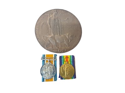 Lot 706 - First World War Memorial (Death) plaque named to Henry James Wheeler, together with War and Victory medals named to 11414 PTE. H. J. Wheeler. M.G.C.